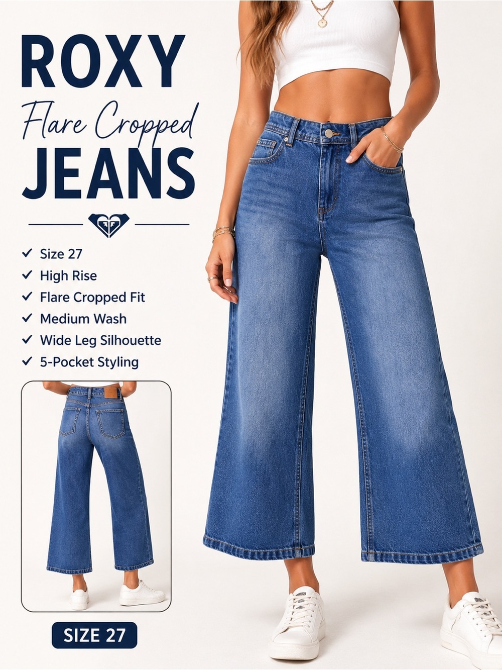 Roxy Flare Cropped Wide Leg Jeans Size 27 Medium Wash High Rise Denim